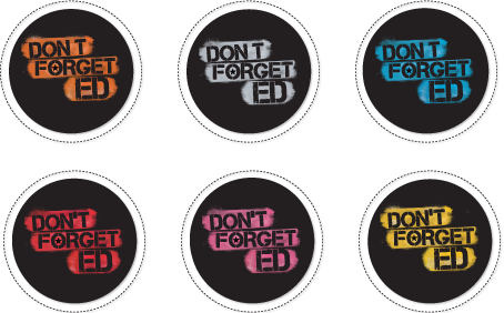 Six multi-colored circular stickers showing Don't Forget Ed logo